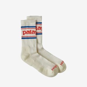 Patagonia high socks in white red and blue.
